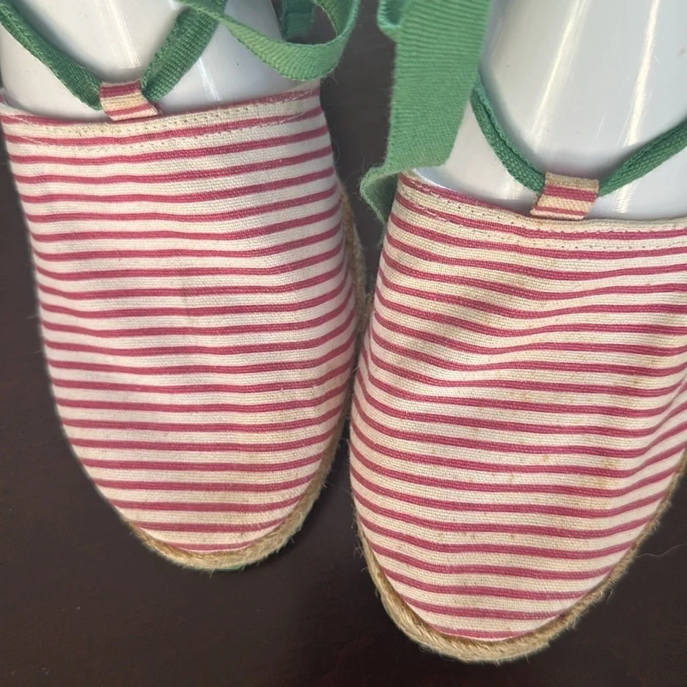 GAP Pink & White Striped Wedge Espadrilles Green Ribbon Sz 8 Preppy Coastal Chic
